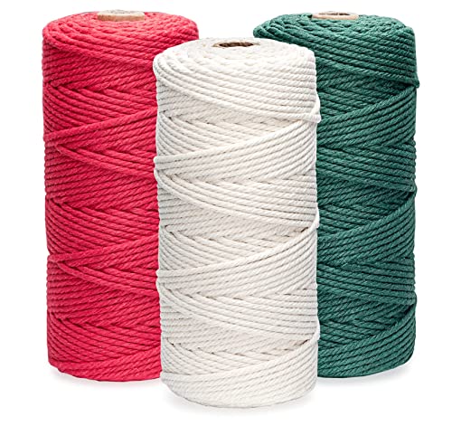 ilauke Macrame Cord 3mm x 100m, 3 Roll Garden Twine, Garden String Twine for Crafts, Natural Cotton Rope for Wall Hanging, Plant Hangers, 4-ply (