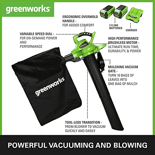 Greenworks GD40BVK2X Cordless Leaf Blow Vac with Brushless Motor, 280km/h, 9.63m³/min, 45L Mulching Bag , Two of 40V 2Ah Batteries & Charger, 3 Y