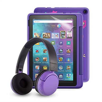 Fire HD 10 Kids Pro tablet (Doodle) + BuddyPhones Poptime Bluetooth Headset (Purple, Ages 8-15) + NuPro Screen Protector (2-Pack)