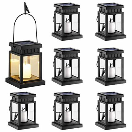 Solar Hanging Lantern Outdoor,GIGALUMI 8 Pack Solar Candle Lights with Stake for Garden,Patio , Lawn, Deck , Umbrella, Tent, Tree,Yard,Driveway(W