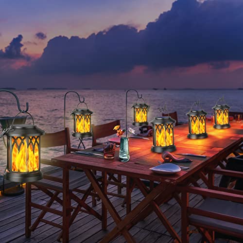 KOOPER Solar Lights Outdoor Garden, 2 Pack Hanging Solar Garden Lanterns with Realistic Flickering Flame LED, Waterproof Flame Effect Solar Garde