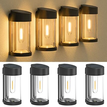 Solar Fence Lights Outdoor Garden 4 Pack, Woolmug Retro Solar Lights Outdoor Garden Solar Lights Outdoor Waterproof IP65,Solar Wall Light Outdoor
