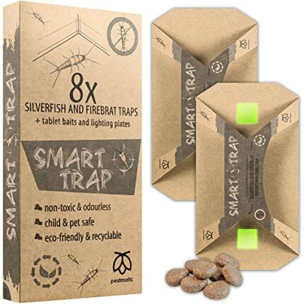 Pestmatic Silverfish Smart Trap, 8 Silverfish and Firebrat Monitoring Traps, Silverfish Sticky Catcher + 2 Attractants: Food Bait & Lighting Plat