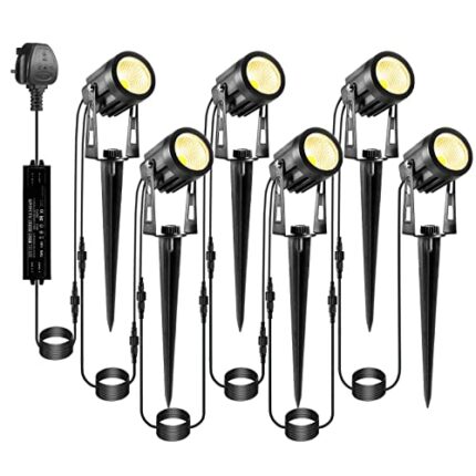 ECOWHO Garden Lights Mains BS Plug Extendable Outdoor Spotlights 21m LED Spike Uplighter Wire Metal Outside Waterproof Lighting Warm White for Pa