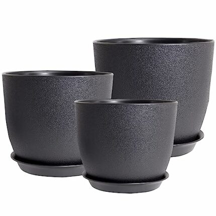 PROFIKLA 20cm, 18cm, 16cm Plastic Plant Pots, Plant Pots with Drainage Holes and Saucers, A Set of 3 Flower Pots, Modern Decorative Planters, Bla