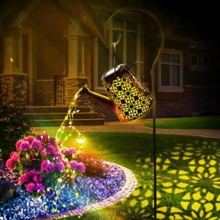 Solar Watering Can Lights Outdoor Garden Ornament Lamp Waterproof Hanging 90 LED String Lights with Hook, Retro Metal Solar Lantern for Table Pat