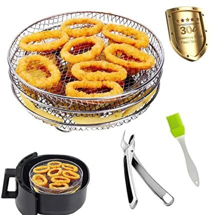 3 Pcs Air Fryer Rack for Ninja, Stackable Round Tower Air Fryer Accessories,304 Stainless Steel Air Fryer Basket with Clips and Oil Brush, for Al