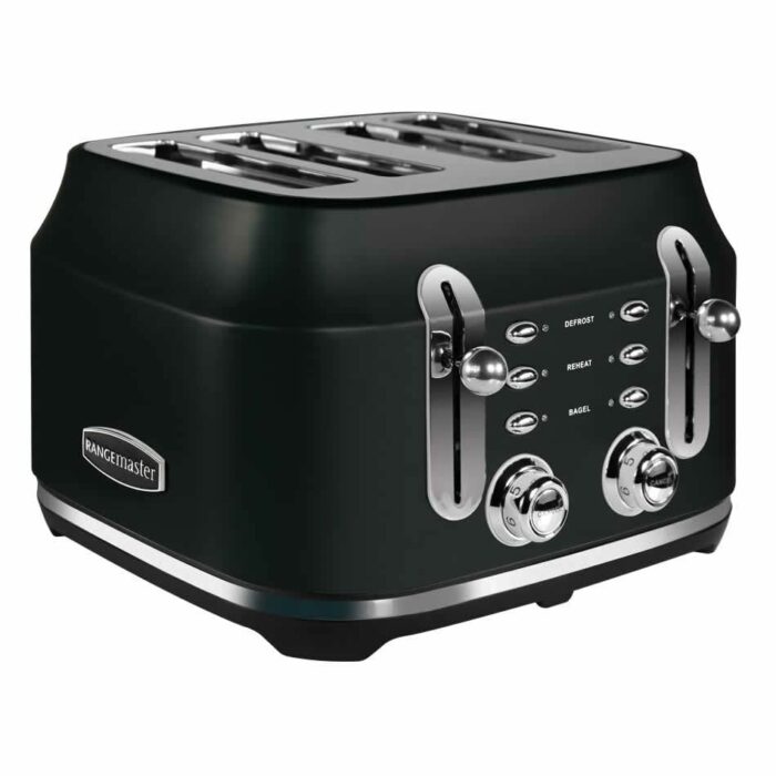 Rangemaster RMCL4S201BK Classic Black 2.1kW 4 Slice Toaster with Defrost, Cancel & Reheat Functions, Removable Crumb Tray & 6 Power Levels with 3