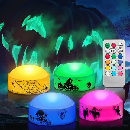 CANDLE IDEA 4 PCS Color Changing Halloween LED Pumpkin Candle Lights with Remote and Timer, Colored Battery Operated Jack-O-Lantern Light for Out