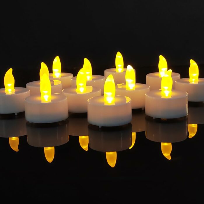 12 Pack Flameless Battery Operated Led Tea Lights with Timer,6 Hours on and 18 Hours Off Cycle,Electric Fake Candle in Warm Yellow for Halloween