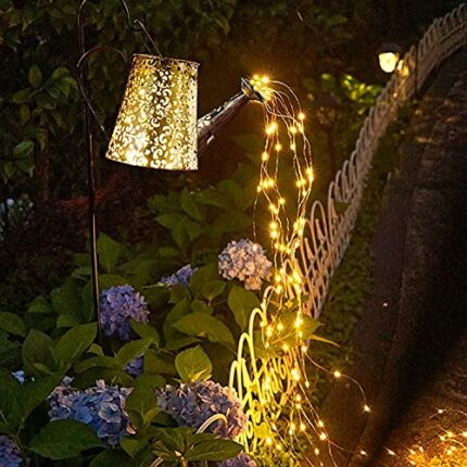 Solar Watering Can Garden Decorations Outdoor Waterproof Shower Lights - Large Retro Metal Lantern Hanging Star Flashing Led Fairy Art Decorative