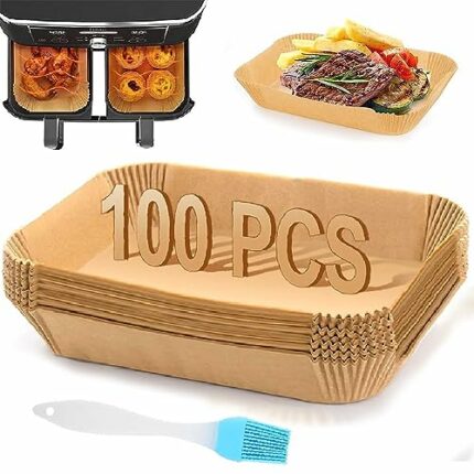 VIKKI Air Fryer Liners, 100pcs Disposable Ninja Dual Parchment Paper Liners Non-Stick Baking Paper Multipurpose Oil-Proof 8.7in Large Liners for