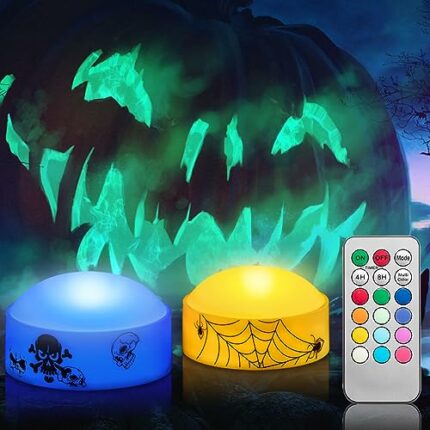 CANDLE IDEA 2 PCS Color Changing Halloween LED Pumpkin Candle Lights with Remote and Timer, Colored Battery Operated Jack-O-Lantern Light for Out