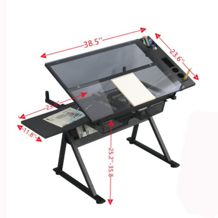 Drawer Drafting Table Modern Design Black Adjustable Tempered Glass Drafting Printing Table Anti-slip Anti-scratch For Study Office