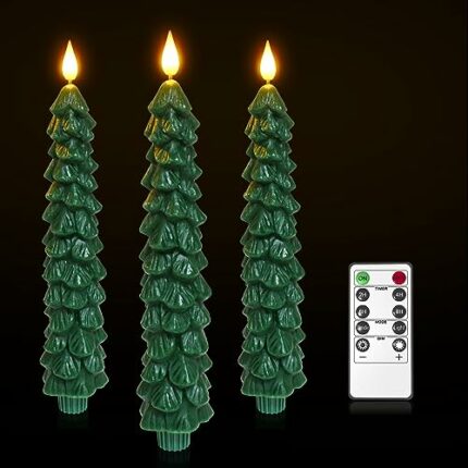 Ymenow Christmas Candle, 3pcs 24.5cm H Real Wax Christmas Tree LED Taper Candles Battery Flameless Fake Candles Flickering with Remote Timer for