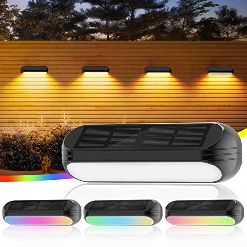 GEARLITE Solar Fence Lights, 4 Pack Solar Lights Outdoor Garden with Warm White and Multi-Colour Changing Modes, Waterproof Garden Ornaments Outd