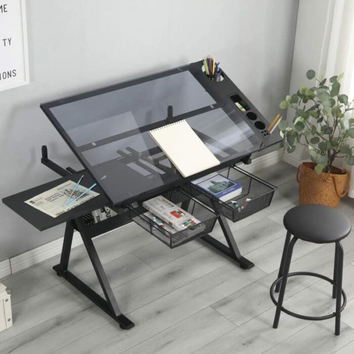 Drawer Drafting Table Modern Design Black Adjustable Tempered Glass Drafting Printing Table Anti-slip Anti-scratch For Study Office