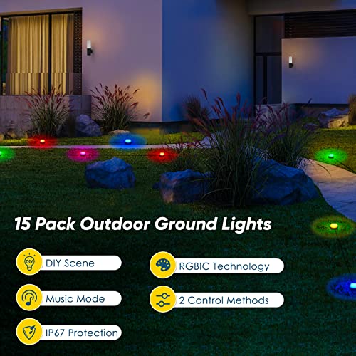 Potuem Ground Lights for Garden, 15 Pack Electric Garden Lights with APP Control and Remote Control, Waterproof Outdoor Pathway Lighting with 213