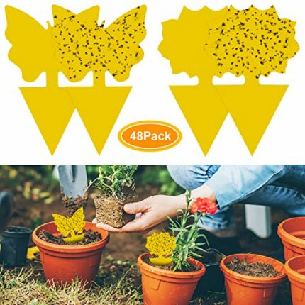 48Pcs plug-in fly trap yellow plates yellow sticker protection plant from the mosquito aphids, leaf flies and vermin, ideal for plants on the bal