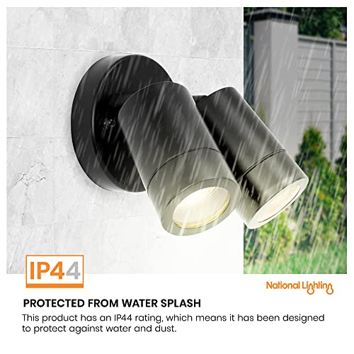 Palin IP44 Rated Outdoor Twin Spotlights, Matt Black Steel Adjustable Tilt Outside Lights, Mains Powered Security Spot Lights, 2X 7W 240V LED GU1