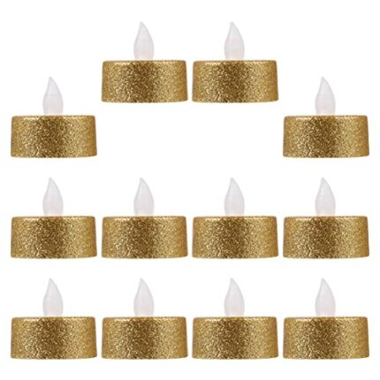 Balacoo 12pcs Glitter Gold Tea Lights Battery Operated Flameless LED Tea Light Electric Fake Candles for Wedding Party Festival Christmas Decor,