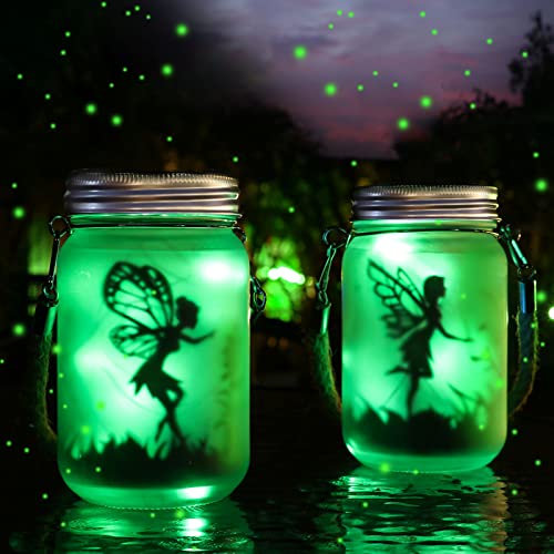 Mostof 2 Pack Fairy Solar Lantern Outdoor, Garden Ornaments IP44 Waterproof Hanging Frosted Glass Solar Mason Jar Lights for Table, Yard, Garden,