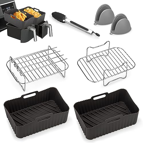 Silicone Air Fryer Liner, 7PCS Air Fryer Accessories for Ninja Dual AF400UK &Tower T17088&AF300UK, 8.46inch Reusable Air Fryer Liners & Gloves &