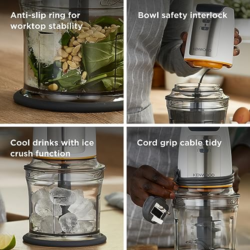 Kenwood Easy Chop Chopper, 0.5L Bowl, 2 Speeds, Quad Blade System, Anti-Slip Ring for Food Chopper Stability, 500W, CHP61.100WH, Dishwasher Safe,