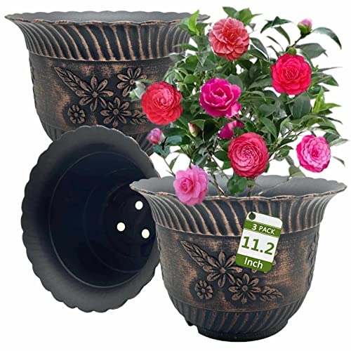 KOOYAT Plant Pots Flower Pot 11.2 Inch Plant Pots Indoor with Drainage Holes 3 Pack Planters Garden Pots Plastic Plant Pot with Antique Copper Co