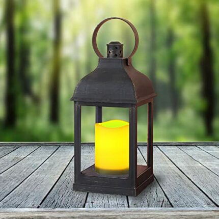 WRalwaysLX Decorative Lanterns with Flameless 9"H Candles with timer Indoor/Outdoor Lantern with hanging use 3AAA battery, Plastic with Bronze Un