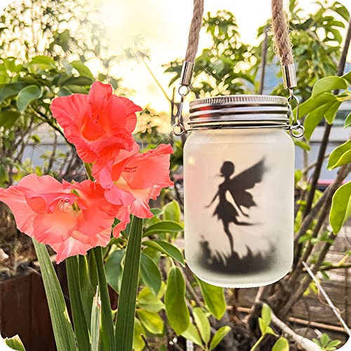 Mostof 2 Pack Fairy Solar Lantern Outdoor, Garden Ornaments IP44 Waterproof Hanging Frosted Glass Solar Mason Jar Lights for Table, Yard, Garden,