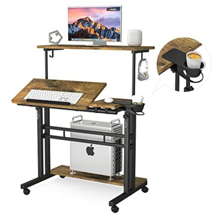 Panta Mobile Standing Desk, Adjustable Rolling Desk with 3 Desktops, Portable Desk for Laptop with Desk Cup Holder, Home Office Mobile Desk Porta