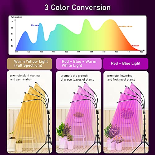 EWEIMA Grow Lights for Indoor Plants, 80 LEDs 4 Heads Full Spectrum Led Grow Light with Stand, Plant Light with 10 Dimming Level & Auto 4/8/12H T