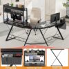 Cyclysio L Shaped Desk with Hutch, Reversible L-Shaped Gaming Desk with LED Lights and Power Outlets, Corner Computer Desk Gaming Desk with Stora