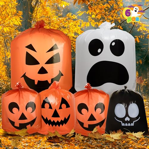 JOYIN 6 PCS Halloween Lawn Leaf Bags Plastic Outdoor Fall Leaf Trash Bag Halloween Unique Pattern Lawn Bags for Fall Decorations Outdoor Hallowee