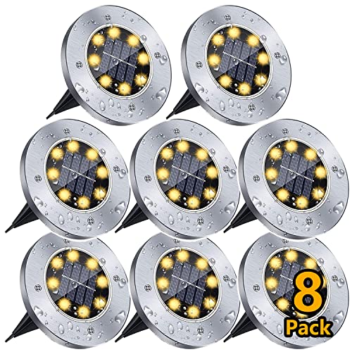 Solar Outdoor Garden Ground Lights, 8 LED Waterproof Patio Disk Lights, In-Ground Landscape Lighting, Floor Path Lights for Walkway, Lawn, Steps