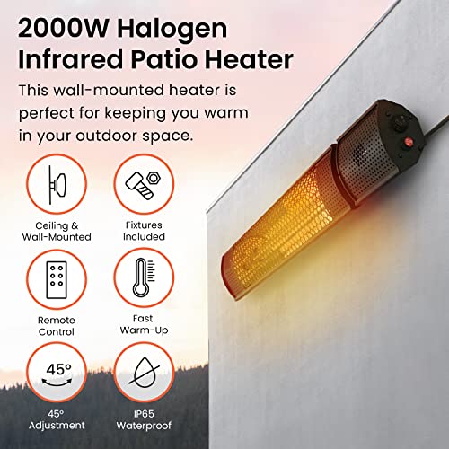 Pro Breeze Halogen Infrared Patio Heater - Wall Mounted Electric Heater With Remote Control for Garden/Outdoor - 2 Heat Settings (1KW &/2KW) - Fi