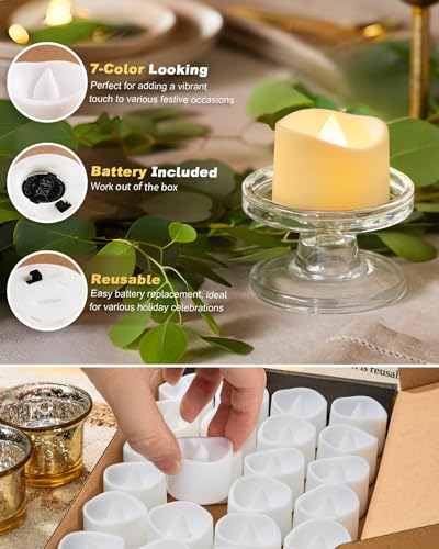 Homemory Pack of 24 7-Color Changing Tea Lights with Batteries, Long-Lasting Battery Operated LED Flameless Tea Light Candles, White Base, Ideal