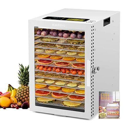 Kwasyo 12 Trays Stainless Steel Food Dehydrator, Dual fan 360° Efficient Drying, 24H Adjustable Timer & 20-90℃ Temperature Control, Overheat Prot