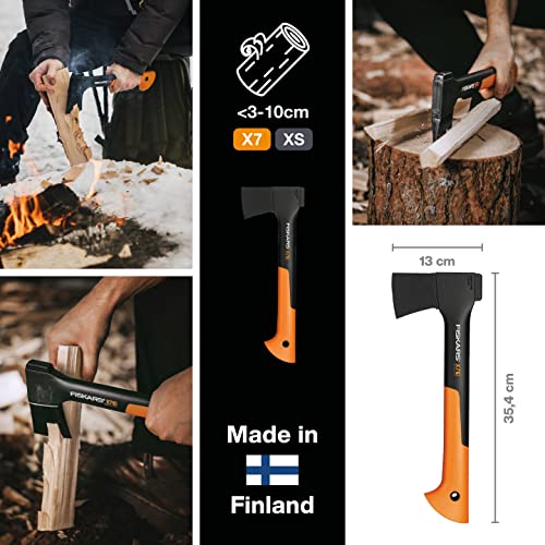 Fiskars Chopping Axe XS X7, Includes Storage and Carrying Case, Length: 35.5 cm, Non-Stick Coating, High Steel Blade/Fibreglass Handle, Black/Ora