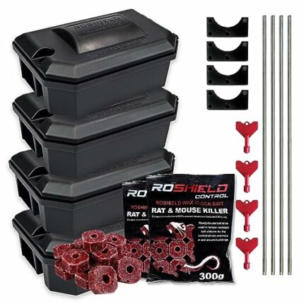 Roshield External Tamper Proof Rodent Boxes & Wax Bait Rat Killer Poison Block Kit (4 Boxes & 1.2kg Blocks)