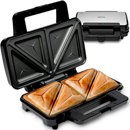 NETTA Deep Fill Toastie Maker - 2 Slice Sandwich Toaster - Easy to Clean - Extra Deep Non-Stick Plates - Non-Slip Rubber Feet - 900W - Stainless
