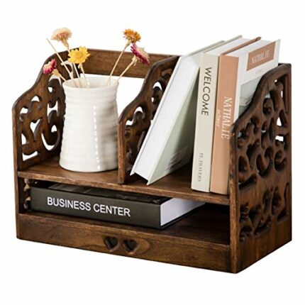 UpSoitech Storage Box Desktop Organizer Retro Carved Hollow Desktop Bookshelf Storage Shelve for Books CD Rack Book Rack Bookcase for Home Furnit