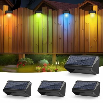 Solar Lights Outdoor Garden, 4 Pack Solar Fence Lights Decorative Solar Garden Lights with Warm White & Color Changing Modes, IP65 Waterproof LED