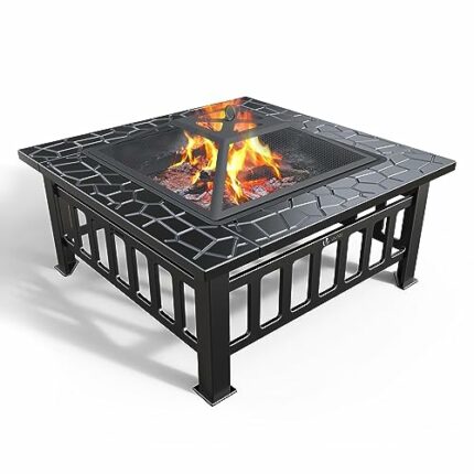 VOUNOT Fire Pit Table with Grate Shelf, 3 in 1 Square Firepit for Heater, Ice Pit, Camping Metal Brazier for Garden Patio Outdoor, with Waterproo