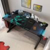 DESIGNA 60" Gaming Desk with RGB LED Lights, Large Z-Shaped Gaming PC Desk with Carbon Fiber Desktop Home Office Computer Game Desk Table for Gam