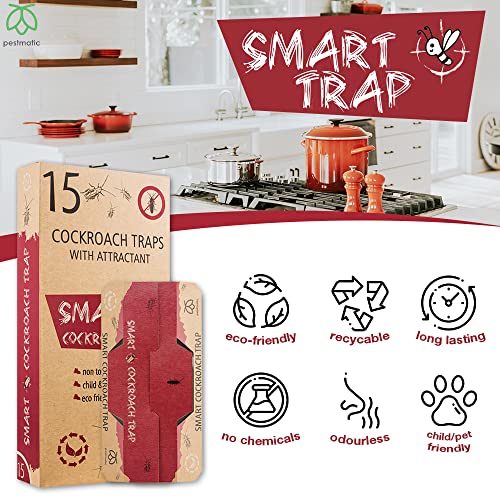 Pestmatic Smart Cockroach Trap x 15, Sticky Strong Glue Cockroach Trap with Food Bait, Roach Indoor Trap, Kraft Eco-Friendly & Natural Catcher fo