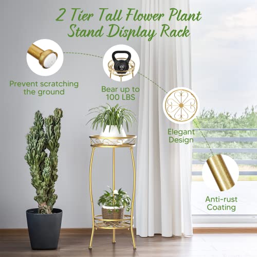 H HOMEXIN Plant Stand Indoor Outdoor, 2 Tier Tall Metal Plant stand 67.31cm Plant Holder Rack Heavy Duty Rustproof Decorative Plant Shelf for Cor