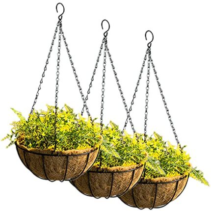 Tosnail 3 Pack Metal Hanging Planter Basket with Coco Coir Liner, Round Hanging Flower Plant Pot Metal Wire Plant Basket for Indoor Outdoor Garde