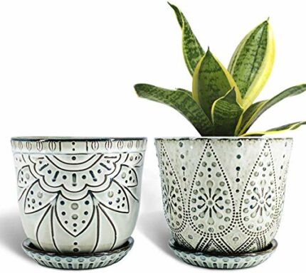 YFFSRJDJ 15CM Flower Pots-Set of 2. Beaded Ceramic Planter with Drainage Hole and Saucer for Plants, Indoor-Outdoor Large Round Succulent Plant G